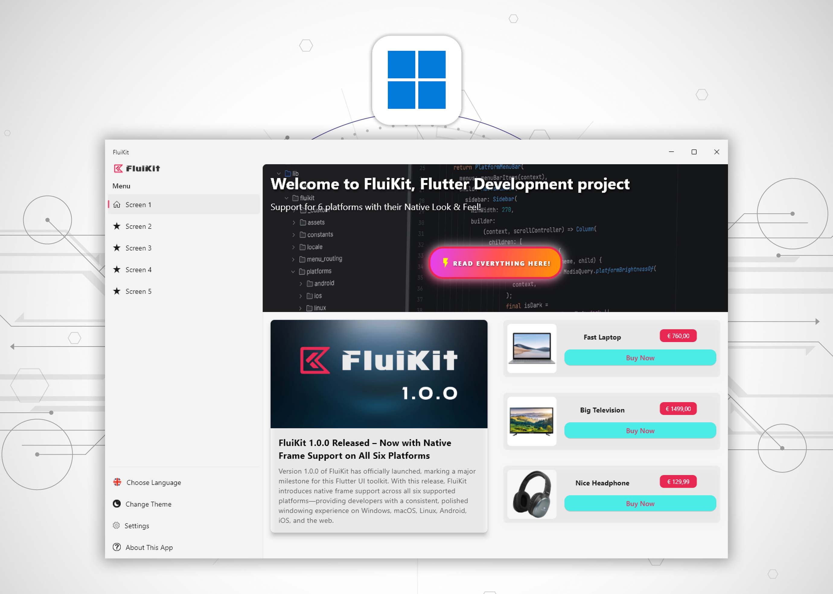 Platform Windows support for FluiKit Flutter UI Kit Framework